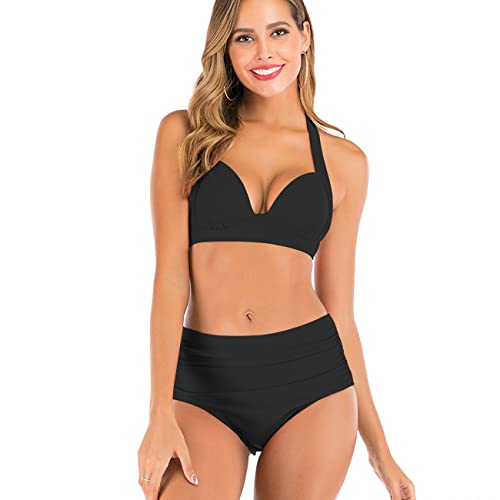 KOEMCY Damen Bikini Set Sexy High Waist Schwimmanzug Strandmode Zweiteiliger Badeanzug Triangel Bikini Swimsuit Beachwear (Schwarz,L) von KOEMCY