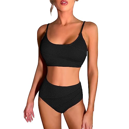 KOEMCY Damen Bikini Set Sexy High Waist Schwimmanzug Triangel Bikini Sets Zweiteiliger Badebekleidung Beachwear (Schwarz,L) von KOEMCY