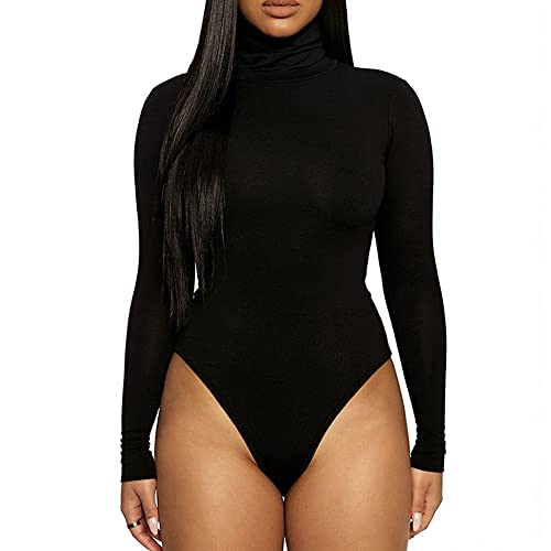 KOEMCY Damen Body Langarm Bodysuit Rollkragen Jumpsuit Elegant Schmal Bodysuits Tops Shapewear Overall Pullover Unterzieh Body Tops Freizeit Bodysuit (Schwarz,L) von KOEMCY