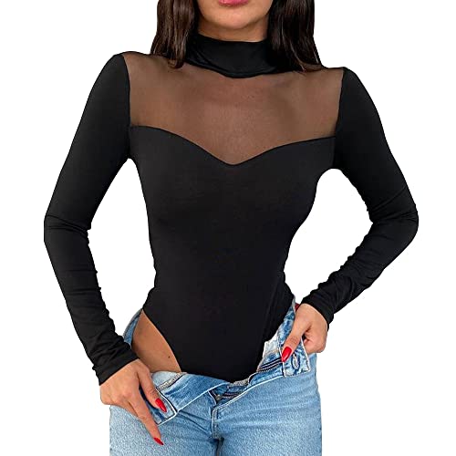 KOEMCY Damen Body Langarm Sexy Mesh Bodysuit Elegant Oberteil Schmal Korsett Tops Overalls Jumpsuit Unterziehbody Blusebody (Schwarz,M) von KOEMCY