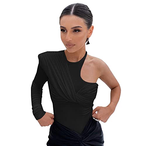 KOEMCY Damen Body Langarm Sexy One Shoulder Bodysuit Schmal Korsett Tops Overalls Jumpsuit Unterziehbody Blusebody Elegant Oberteil (Schwarz,L) von KOEMCY