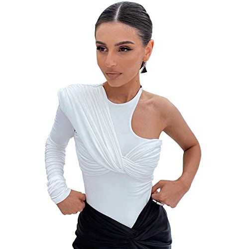 KOEMCY Damen Body Langarm Sexy One Shoulder Bodysuit Schmal Korsett Tops Overalls Jumpsuit Unterziehbody Blusebody Elegant Oberteil (Weiß,L) von KOEMCY