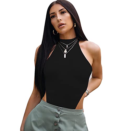 KOEMCY Damen Body Sexy Dessous Bodysuit Kurzarm Jumpsuit Ärmellos Bodies Elegant Oberteile Overall Nachtwäsche Unterziehbody Bluse Tops Turtleneck Body Shaper (Schwarz,L) von KOEMCY