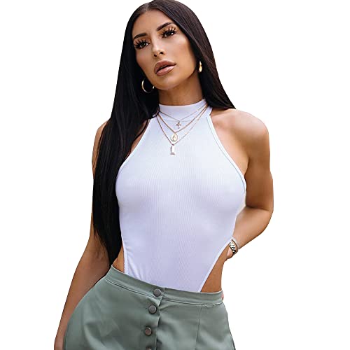 KOEMCY Damen Body Sexy Dessous Bodysuit Kurzarm Jumpsuit Ärmellos Bodies Elegant Oberteile Overall Nachtwäsche Unterziehbody Bluse Tops Turtleneck Body Shaper (Weiß,L) von KOEMCY