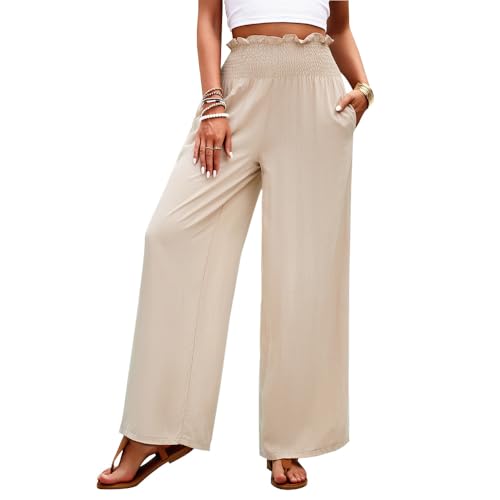 KOEMCY Damen Hosen Sommer Casual Plissierte Taille Geraffter Elegante Hose Hohe Taille Flowy Weites Sommerhose mit Taschen (Aprikose,L) von KOEMCY