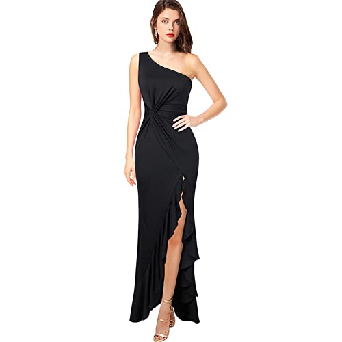 KOEMCY Damen Kleider Sexy One Shoulder Cocktailkleider Elegant Raffungen Beinschlitz Party Kleid Hochzeit Abendkleider Ärmelloses (Schwarz,L) von KOEMCY