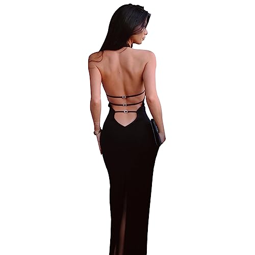 KOEMCY Damen Kleider Sexy Rückenfrei Kleid Neckholder Knielang Abendkleid Ärmelloses Bodycon Partykleid Sommerkleid (Schwarz, S) von KOEMCY