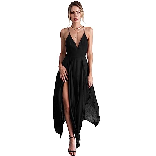 KOEMCY Damen Kleider Sexy Rückenfrei Midikleid Spaghettiträger Partykleid V-Ausschnitt Kleider mit Schlitz Cocktailkleider Elegant Abendkleider Ärmellos (Schwarz, L) von KOEMCY