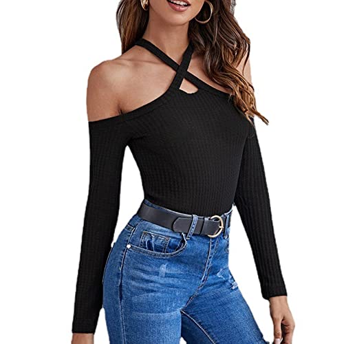 KOEMCY Damen Pullover Strickpullover Sexy Schulterfreier Langarm Oberteile Kreuz Verknotet Slim Fit Stricktop Casual Top Herbst Winter (Schwarz,L) von KOEMCY