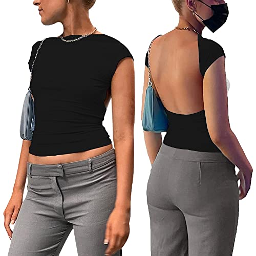 KOEMCY Damen Rückenfreies Oberteile T-Shirt Sexy Y2K Kurzarm Crop Top Oberteile Cut Out Pullover Front Back Reversible Tops Casual Basic Slim Fit Shirt Bluse Streetwear (Schwarz,M) von KOEMCY