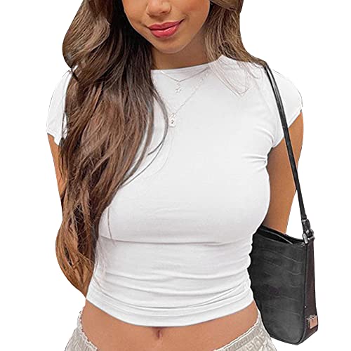 KOEMCY Damen Rückenfreies Oberteile T-Shirt Sexy Y2K Kurzarm Crop Top Oberteile Cut Out Pullover Front Back Reversible Tops Casual Basic Slim Fit Shirt Bluse Streetwear (Weiß,L) von KOEMCY