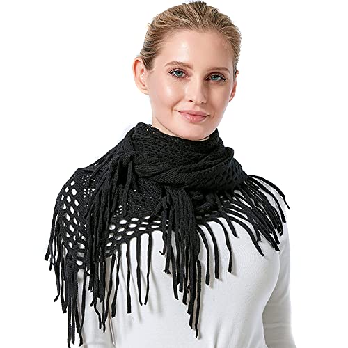 KOEMCY Damen Schal Strick Dreieck Schale Langer Halstuch Imitation Kaschmir Halstücher Herbst Winterschal Halstücher Fransen Schal Stola (Schwarz) von KOEMCY