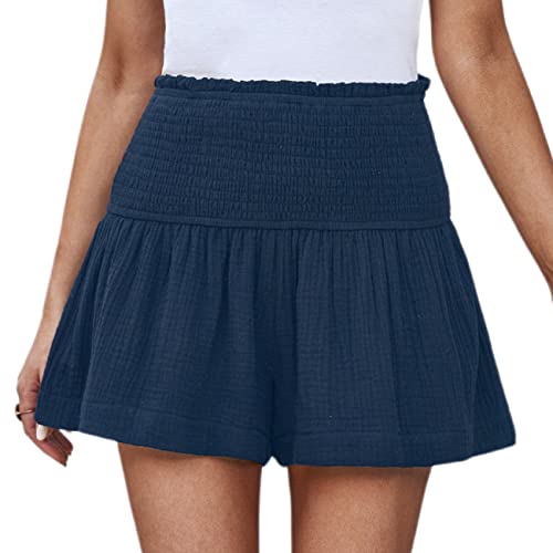 KOEMCY Damen Shorts High Waist Freizeit Stretch Shorts Lässige Kurze Hose Sport Strand Hosen Hotpants Trainingsshorts Laufshorts für Gym Fitness Sommer (Blau,L) von KOEMCY