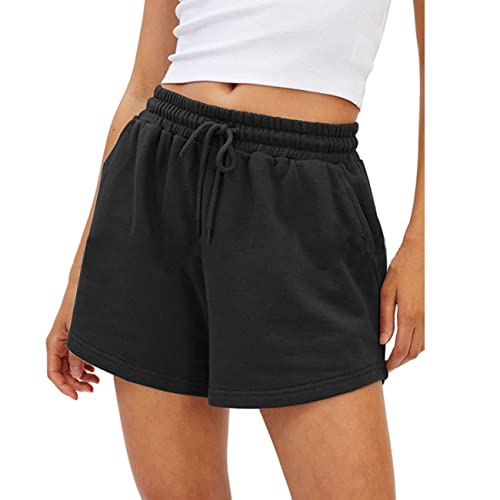 KOEMCY Damen Shorts High Waist Shorts Lässig Kurze Hose Sport Kurze Hose Laufshorts Hotpants Kordelzug Shorts mit Taschen Shorts für Gym Fitness Sommer (Schwarz,XL) von KOEMCY