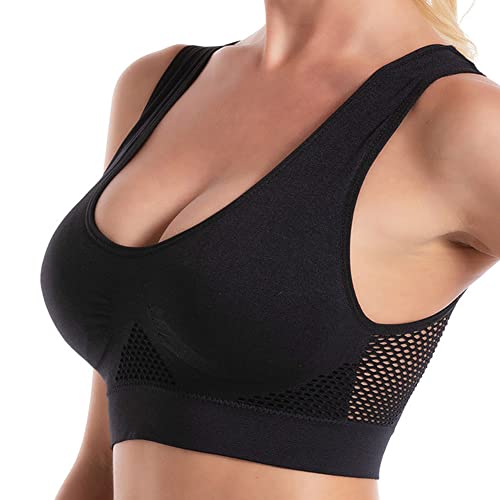 KOEMCY Damen Sport BH Atmungsaktiver Mesh Ohne Bügel Push up BH Sexy Hohl Perspektive Stoßfeste Unterwäsche U-Ausschnitt Große Größe für Laufen Yoga Workout Fitness (Schwarz,M) von KOEMCY