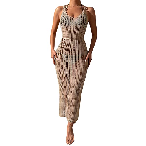 KOEMCY Damen Strandkleid Bikini Cover Ups Crochet Hollow Out Lang Beach Dress Ärmellose mit Seitenschlitz Strandkleider Badeanzug Cover-Ups (Khaki) von KOEMCY