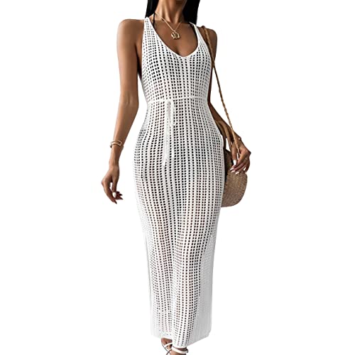 KOEMCY Damen Strandkleid Bikini Cover Ups Crochet Hollow Out Lang Beach Dress Ärmellose mit Seitenschlitz Strandkleider Badeanzug Cover-Ups (Weiß) von KOEMCY