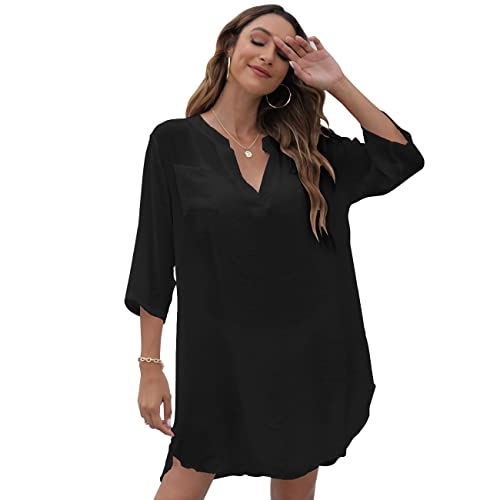 KOEMCY Damen Strandkleid Sexy V Ausschnitt Strand Vertuschen Shirt Bikini Badeanzug Cover Ups Beachwear Cover-Ups (Schwarz,S) von KOEMCY