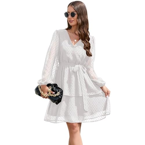 KOEMCY Damen Swiss Dot Chiffon Minikleid V-Ausschnitt Langarm A-Linie Freizeitkleid Gürtel Boho Kleid Herbst Kleider Strandkleid (Weiß,L) von KOEMCY