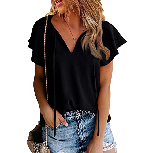 KOEMCY Damen Tshirt Sommer Bluse Kurzarm Shirts Pullover V Ausschnitt Sexy Oberteile Basic Tops Casual Loose Fit Shirts Blusen (Schwarz,L) von KOEMCY