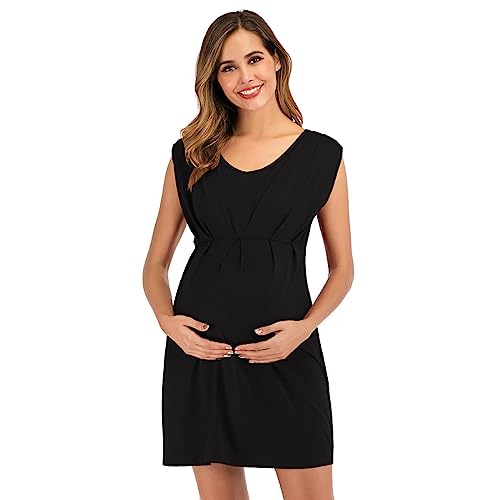 KOEMCY Damen Umstandskleid Kurzarm A-line Schwangere Kleider Schwangerschafts Kleid Umstandsmode Stillkleid Sommer (Schwarz, S) von KOEMCY