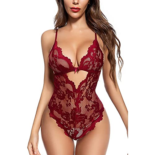 KOEMCY Dessous Damen Body Damen Sexy Spitze Unterwäsche Bodysuit V-Ausschnitt Erotische Lingerie Negligee Sexy Teddy Reizwäsche (Rot, S) von KOEMCY