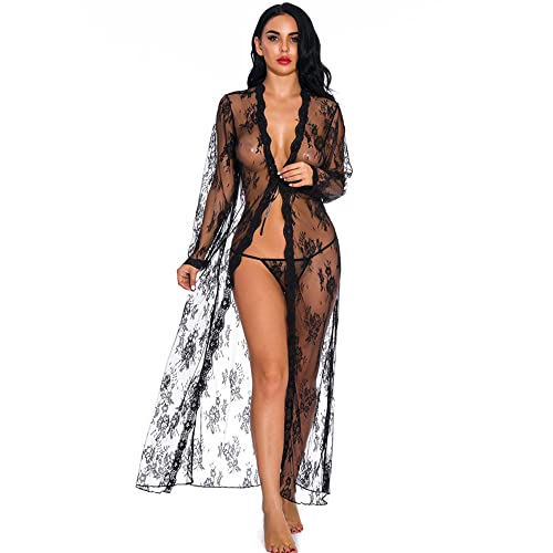 KOEMCY Dessous für Damen Cardigan Robe Sexy Durchsichtig Spitze Morgenmantel Nachtwäsche Durchsichtiges TüLl Mesh Erotische Unterwäsche Cover up (Schwarz,L) von KOEMCY