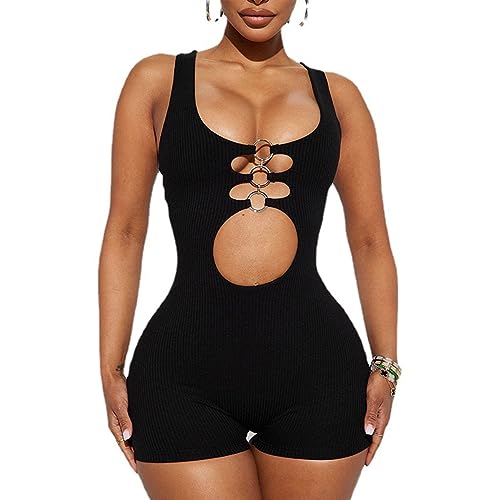 KOEMCY Jumpsuit Damen Kurz Overall Sexy Hollow Out Sommer Casual Hosenanzug Playsuit Ärmellose Tank Top Lose Hose Romper für Workout Casual Yoga Fitness (Schwarz, L) von KOEMCY