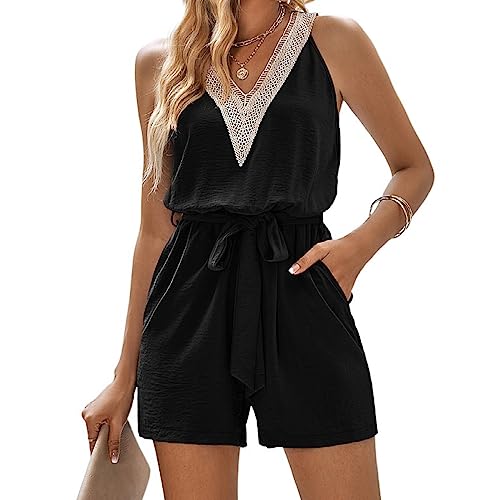 KOEMCY Jumpsuit Damen Kurz Sommer V-Ausschnitt Playsuit Gürtel Kurzarm Breites Hosenbein Romper Casual Overalls mit Taschen (Schwarz, M) von KOEMCY