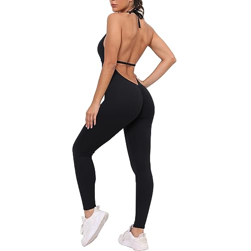 KOEMCY Jumpsuit Damen Lang Sommer Sexy V-Ausschnitt Playsuits Tank Top Strampler Spielanzug Rückenfrei Jumpsuits Overall Casual Fitness Romper Outfits (Schwarz, L) von KOEMCY