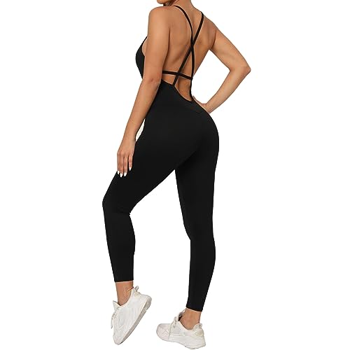 KOEMCY Jumpsuit Damen Sommer Lang Träger Kreuzgurt Sportlich Overall Figurbetont Hosenanzug Einteiler Turnanzug Romper Elegant Outfit Jumpsuits von KOEMCY