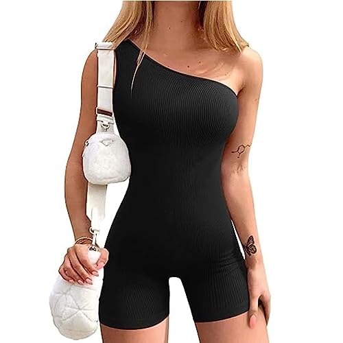 KOEMCY Jumpsuit Damen Sexy Eine Schulter Einteiler One Piece Nahtloser Romper Ärmellose Playsuit Sport Fitness Outfit (Schwarz,S) von KOEMCY