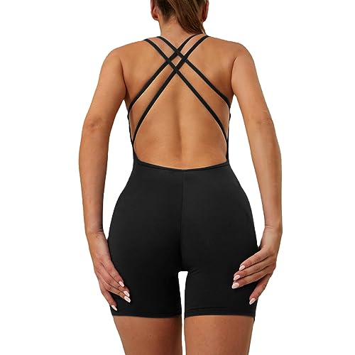 KOEMCY Jumpsuit Damen Sexy Rückenfreies Sport Einteiler One Piece Nahtloser Playsuit Stretchy Romper Sport Fitness Outfit (Schwarz,S) von KOEMCY