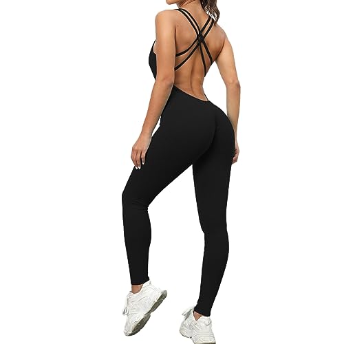 KOEMCY Jumpsuit Damen Sommer Rückenfrei Bodycon One Piece Bodysuit Romper Strampler Spielanzug Ärmellose Spaghetti Strap Einteiler Sport Overall (Schwarz, L) von KOEMCY