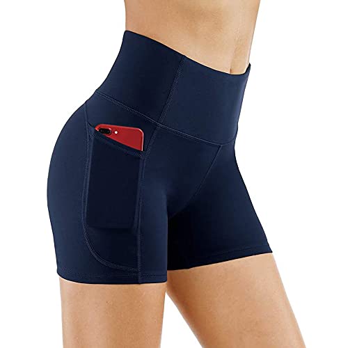 KOEMCY Kurze Sporthose Damen, Hohe Taille Yoga Sport Shorts mit Taschen, Kurze Hose Leggings Radlerhose Laufhose Blickdicht Sommer Hotpants für Gym Fitness Workout Yoga (Blau, S) von KOEMCY