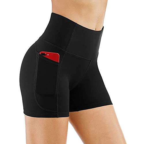 KOEMCY Kurze Sporthose Damen, Hohe Taille Yoga Sport Shorts mit Taschen, Kurze Hose Leggings Radlerhose Laufhose Blickdicht Sommer Hotpants für Gym Fitness Workout Yoga (Schwarz, S) von KOEMCY