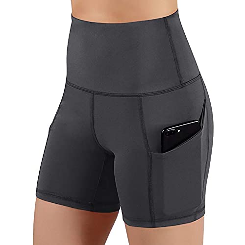 KOEMCY Kurze Sporthose Damen, Hohe Taille Yoga Sport Shorts mit Taschen, Kurze Hose Leggings Radlerhose Laufhose für Gym Fitness Workout Yoga, (Grau - M) von KOEMCY