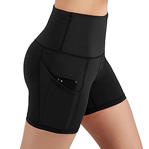 KOEMCY Kurze Sporthose Damen, Hohe Taille Yoga Sport Shorts mit Taschen, Kurze Hose Leggings Radlerhose Laufhose für Gym Fitness Workout Yoga, (Schwarz - L) von KOEMCY