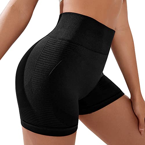 KOEMCY Kurze Sporthose Damen, Kurze Leggings Hohe Taille Yoga Sport Shorts, Kurze Hose Radlerhose Laufhose Seamless Scrunch Butt Lifting Shorts Kurze für Gym Fitness Workout Yoga (Schwarz, L) von KOEMCY