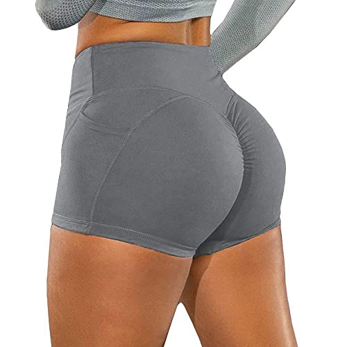 KOEMCY Kurze Sporthose Damen, Yoga Sport Shorts mit Taschen, Kurze Hose Leggings Radlerhose Laufhose für Gym Fitness Workout Yoga (Grau, L) von KOEMCY