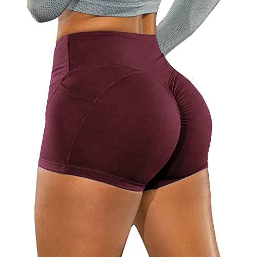 KOEMCY Kurze Sporthose Damen, Yoga Sport Shorts mit Taschen, Kurze Hose Leggings Radlerhose Laufhose für Gym Fitness Workout Yoga (Rot, S) von KOEMCY