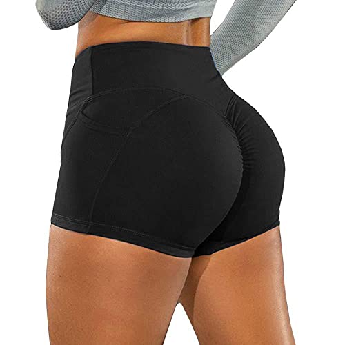 KOEMCY Kurze Sporthose Damen, Yoga Sport Shorts mit Taschen, Kurze Hose Leggings Radlerhose Laufhose für Gym Fitness Workout Yoga (Schwarz, L) von KOEMCY