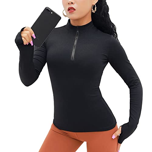 KOEMCY Langarmshirt Damen Sweatshirt Sportshirt Leicht Fitness Oberteil mit 1/4 Reißverschluss Laufshirt mit Daumenlöcher Gym Top Stehkragen Oberteil Yoga Langarm (Schwarz,L) von KOEMCY