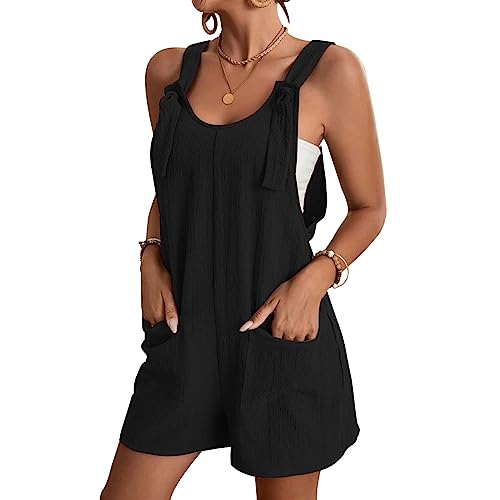 KOEMCY Latzhose Damen Kurz Jumpsuit Sommer Ärmellos Overalls Quadratischer Kragen Romper Playsuit High Waist Shortalls Loose Hosenträger (Schwarz, L) von KOEMCY