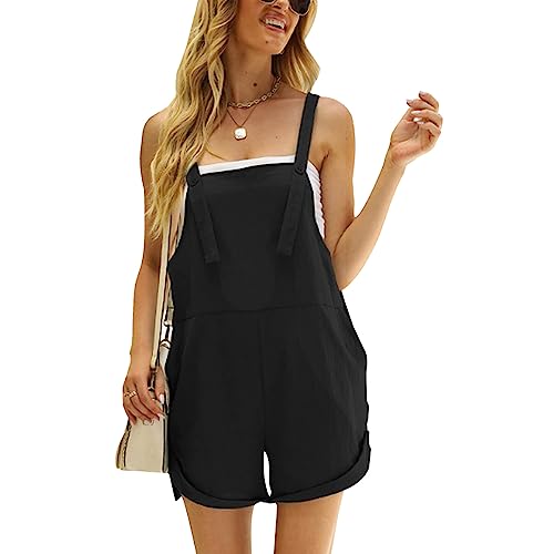 KOEMCY Latzhose Damen Kurze Jumpsuit Ärmellos Overalls Sommer Playsuit Hosenanzug Lässige Hosenträger Shorts Loose Fit Romper mit Taschen (Schwarz, M) von KOEMCY