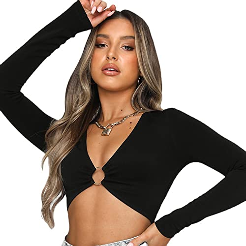 KOEMCY Oberteil Damen Bluse Langarmshirt Sexy Crop Tops V Ausschnitt Slim Fit Oberteil Pullover Casual Streetwear Party Langarm Longshirt (Schwarz,M) von KOEMCY