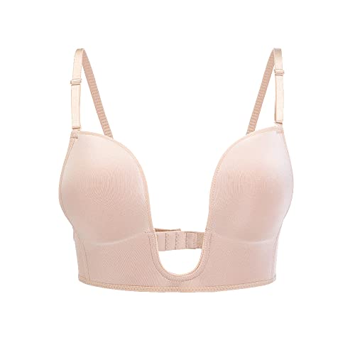 KOEMCY Rückenfreier BH für Damen Tief V-Ausschnitt Push up BH Sexy Lifting BH Ohne Bügel U Förmiger Rücken BH für Kleid Brautkleider (Beige,B) von KOEMCY