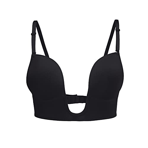 KOEMCY Rückenfreier BH für Damen Tief V-Ausschnitt Push up BH Sexy Lifting BH Ohne Bügel U Förmiger Rücken BH für Kleid Brautkleider (Schwarz,D) von KOEMCY