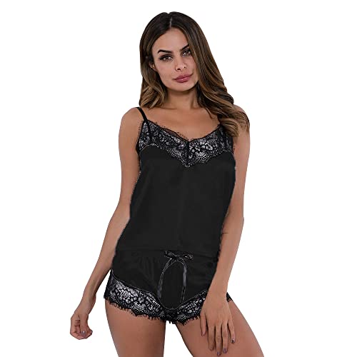 KOEMCY Schlafanzug Damen Kurz Pyjama Set Spitzen Sexy Dessous Satin Pyjama Set Cami Top Shorts Sexy V-Ausschnitt Ärmellos Sleepwear Nachtwäsche (Schwarz,L) von KOEMCY