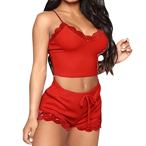 KOEMCY Schlafanzug Damen Spitzen Sexy Dessous Cami Schlafanzug Kurz Set Sexy V-Ausschnitt Sleepwear Crop Top Shorts Sets Ärmellose Camisole Loungewear (Rot,M) von KOEMCY